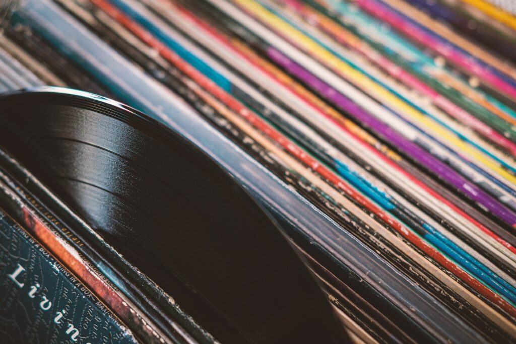 THe tops of records in record crates